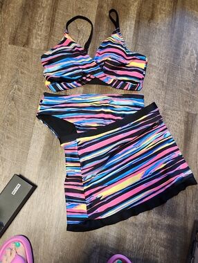Nica Black Swim Top with Neon Pink, Blue & Yellow Stripes